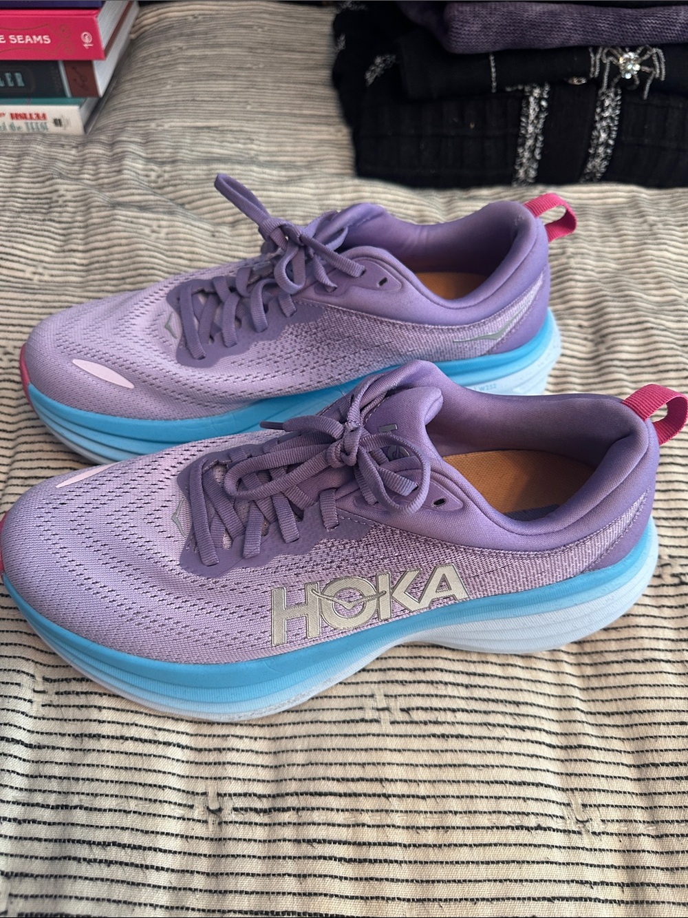 Hoka Women's Lavender Running Sneakers with Blue Midsole and Pink Heel Tab